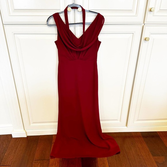 Jenny Packham Womens Burgundy Wine Colored Bridesmaid Formal Cowl Neck Maxi Gown - Picture 2 of 11